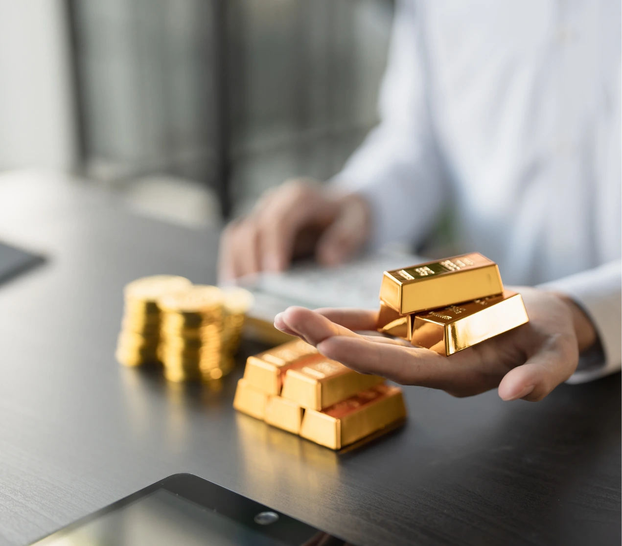 Gold Trading man hand offering gold Investing